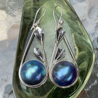 ER 14800 BMP-(HANDMADE 925 BALI STERLING SILVER EARRINGS WITH BLUE MABE PEARL)